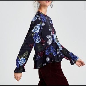 Zara Black Floral Peplum Long Sleeve Blouse
